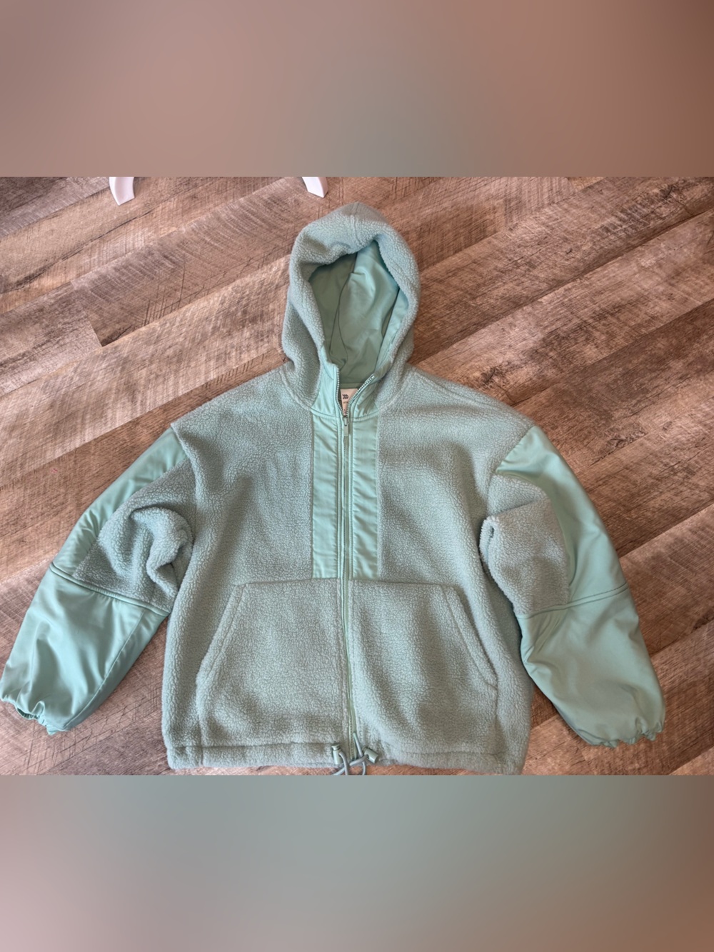 all in motion Sage Minty Green Sherpa Zip-Up Hooded Jacket with Solid Panels - Picture 5 of 14
